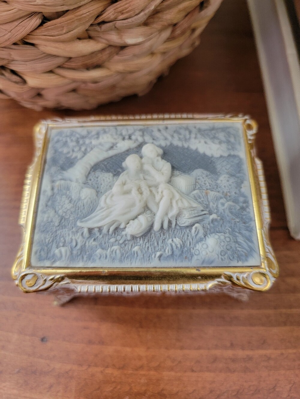 Vintage Japanese Metal Small Jewelry Box Blue & White Cameo Design
